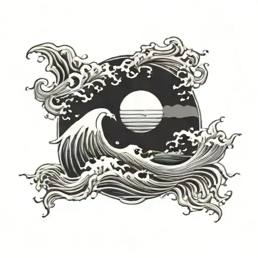 A dotwork tattoo of a sun rising over a calm ocean with a Bible verse incorporated in the waves tattoo design idea