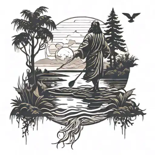 A silhouette of Jesus walking on water with a golf club in hand, surrounded by nature elements like trees and birds tattoo design idea