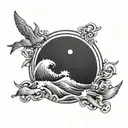 A dotwork tattoo of a sun rising over a calm ocean with a Bible verse incorporated in the waves tattoo design idea