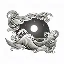A dotwork tattoo of a sun rising over a calm ocean with a Bible verse incorporated in the waves tattoo design idea