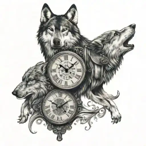 Roman numeral clock and half wolf  tattoo design idea