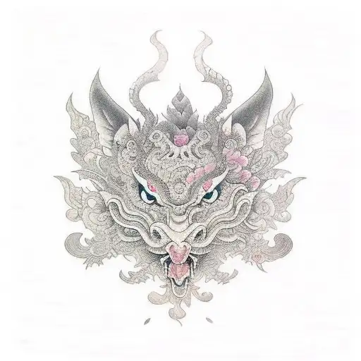 Balinese mythical creature, floral, sleeve tattoo design idea
