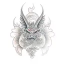 Balinese mythical creature, floral, sleeve tattoo design idea