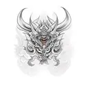 Balinese mythical creature, floral, sleeve tattoo design idea