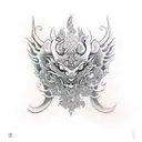 Balinese mythical creature, floral, sleeve tattoo design idea