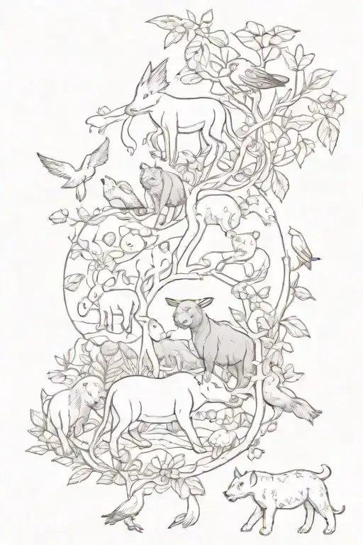 A pink world filled with different animals you love, excluding reptiles, each animal representing a different literary genre tattoo design idea