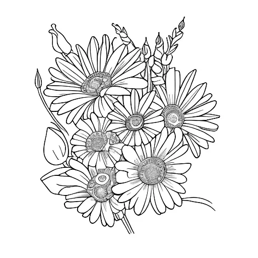 daisy, rose, delphinium flowers with Najera as stem tattoo design idea
