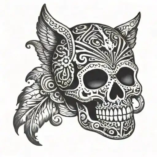 A sugar skull with Aztec symbols incorporated into the design tattoo design idea