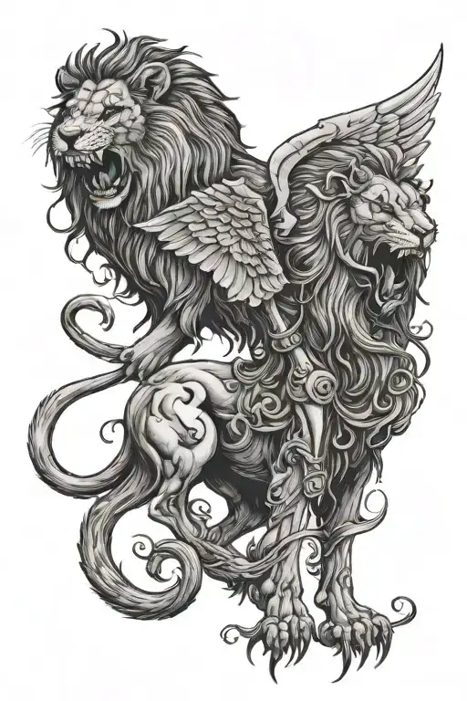 Lion Tattoo, roaring, standing with grim reaper and have wings, long and very dark tattoo design idea