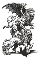 Lion Tattoo, roaring, standing with grim reaper and have wings, long and very dark tattoo design idea