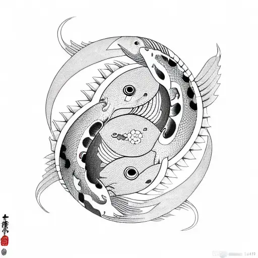 2 injured koi fish swimming together to create a yin yang surrounded by turbulant water on one side and rag tattoo design idea