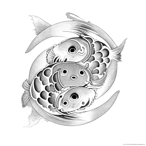 2 bruised and bloodied koi fish swimming together to create a yin yang surrounded by turbulant water on one side and rag tattoo design idea