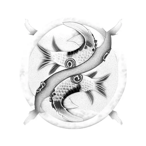 2 bruised and bloodied koi fish swimming together to create a yin yang surrounded by turbulant water on one side and rag tattoo design idea