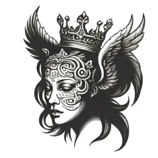 N with crown and angel wings spread wide tattoo design idea