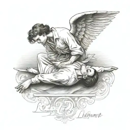 an angel saves a falling man with an inscription Lart pour Lart  tattoo design idea