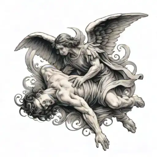 an angel saves a falling man with an inscription Lart pour Lart  tattoo design idea