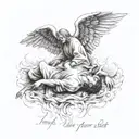 an angel saves a falling man with an inscription Lart pour Lart  tattoo design idea