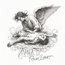 an angel saves a falling man with an inscription Lart pour Lart  tattoo design idea