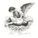 an angel saves a falling man with an inscription Lart pour Lart  tattoo design idea