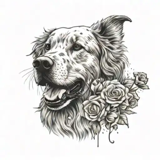 A tattoo of a golden retriever holding a bouquet of flowers in its mouth tattoo design idea