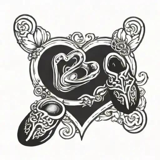 heart shaped with 2 baby footprints, and a pair of wedding rings tattoo design idea