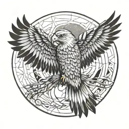 hawk flying towards bright shining full moon tattoo design idea