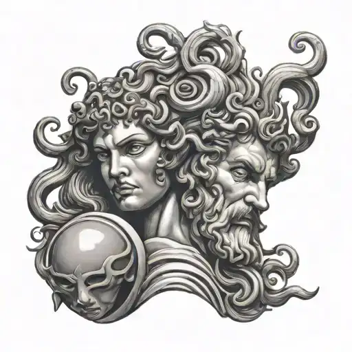 medusa holding poseidon head tattoo design idea