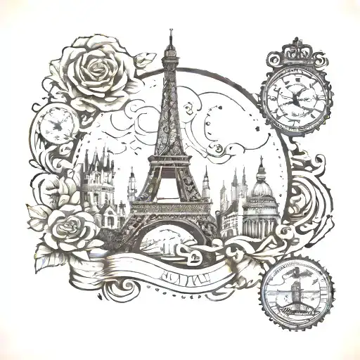 stamp including london and paris tattoo design idea
