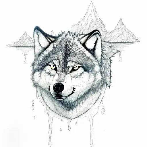 child wolf drinking water surrounded by nature tattoo design idea