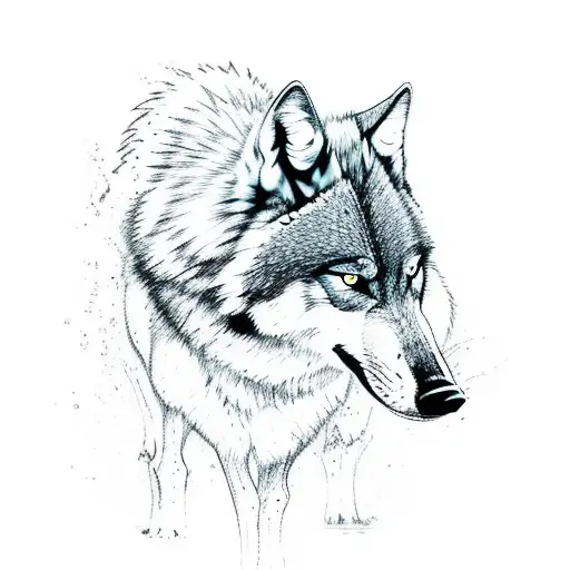 small wolf drinking water and its reflection in water as a bigger wolf and surrounded by nature tattoo design idea