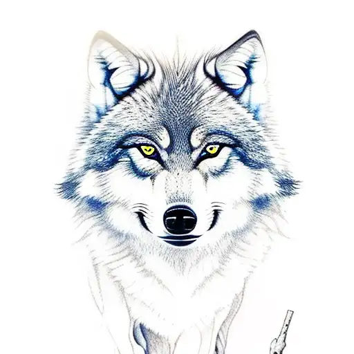 small wolf drinking water and its reflection in water as a bigger wolf and surrounded by nature tattoo design idea