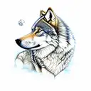 small wolf drinking water and its reflection in water as a bigger wolf and surrounded by nature tattoo design idea