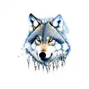small wolf drinking water and its reflection in water as a bigger wolf and surrounded by nature tattoo design idea