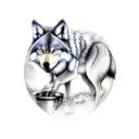 small wolf drinking water and its reflection in water as a bigger wolf and surrounded by nature tattoo design idea