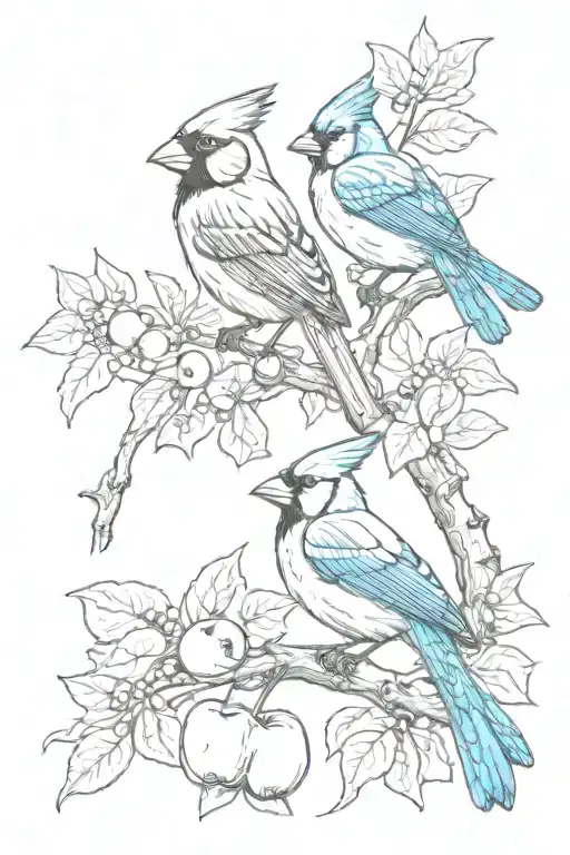 a cardinal and a blue jay perched on an apple tree branch tattoo design idea