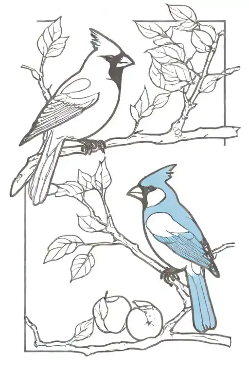a cardinal and a blue jay perched on an apple tree branch tattoo design idea