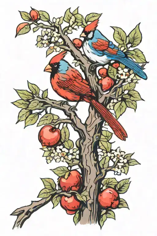 a cardinal and a blue jay perched on an apple tree branch tattoo design idea