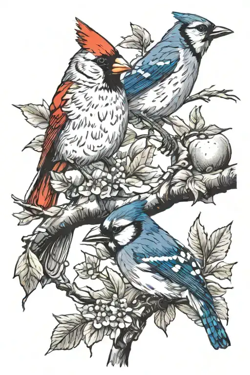 a cardinal and a blue jay perched on an apple tree branch tattoo design idea