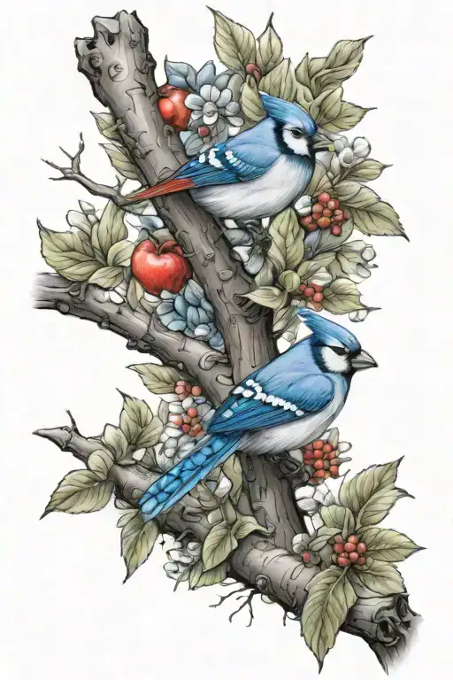 Apple tree branch with a cardinal and blue jay perched tattoo design idea