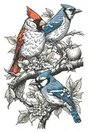 a cardinal and a blue jay perched on an apple tree branch tattoo design idea