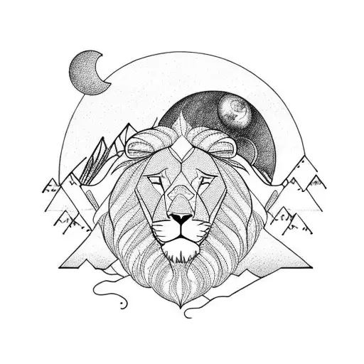 lion with mountains, sun, Palm tree, boats, birds, sea, Moon, fish, people tattoo design idea