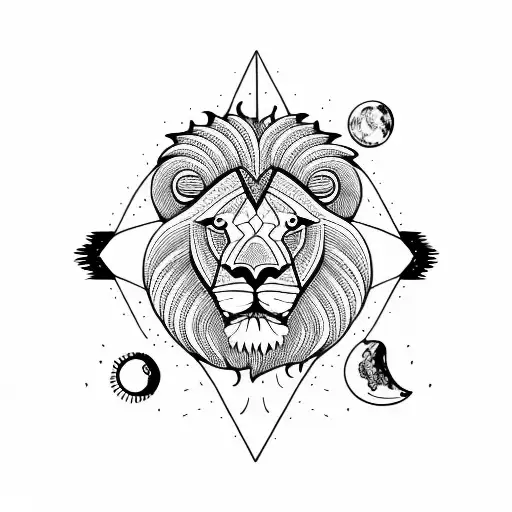 lion with mountains, sun, Palm tree, boats, birds, sea, Moon, fish, people tattoo design idea