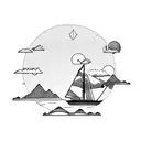 lion with mountains, sun, Palm tree, boats, birds, sea, Moon, fish, people tattoo design idea