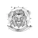 lion with mountains, sun, Palm tree, boats, birds, sea, Moon, fish, people tattoo design idea