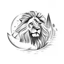 lion with mountains, sun, Palm tree, boats, birds, sea, Moon, fish, people tattoo design idea