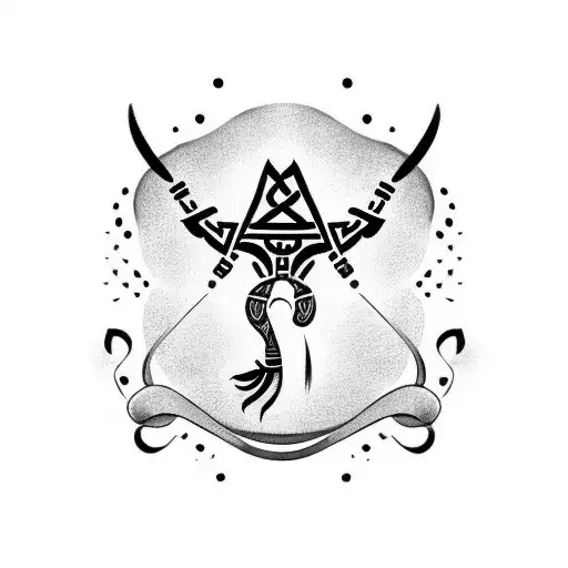 Tattoo with Celtic symbols, Kokopelli, chest silhouette, bows and a mystical saying tattoo design idea