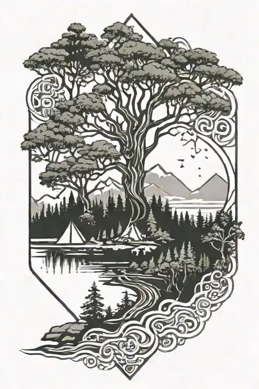 lord of the rings style evergreen forest and river tattoo design idea