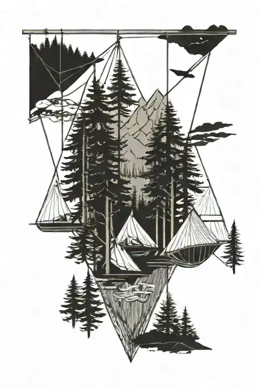 evergreen trees and flowing river mountain hammock tattoo design idea
