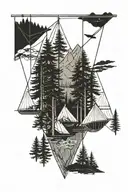 evergreen trees and flowing river mountain hammock tattoo design idea