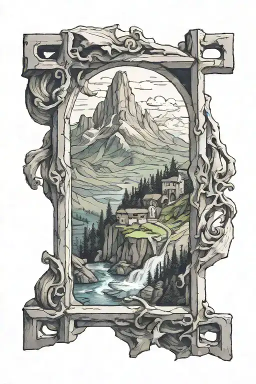 Cross standing on a mountain that you can see trough a window. Let the mountain spilll from the window tattoo design idea